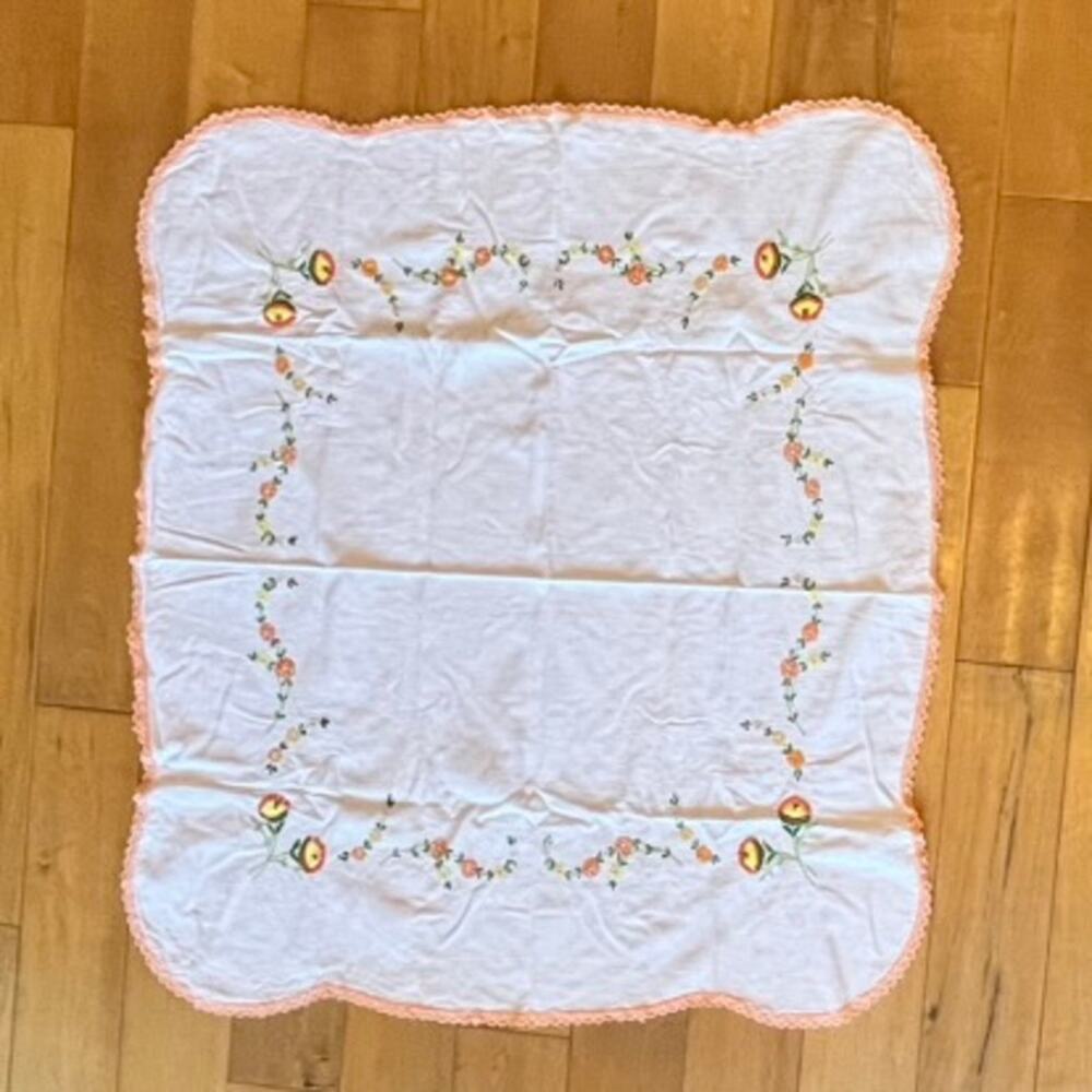 Vintage Hand Embroidered Floral Tablecloth 35x39.5 White Cotton Lace Edge Flower